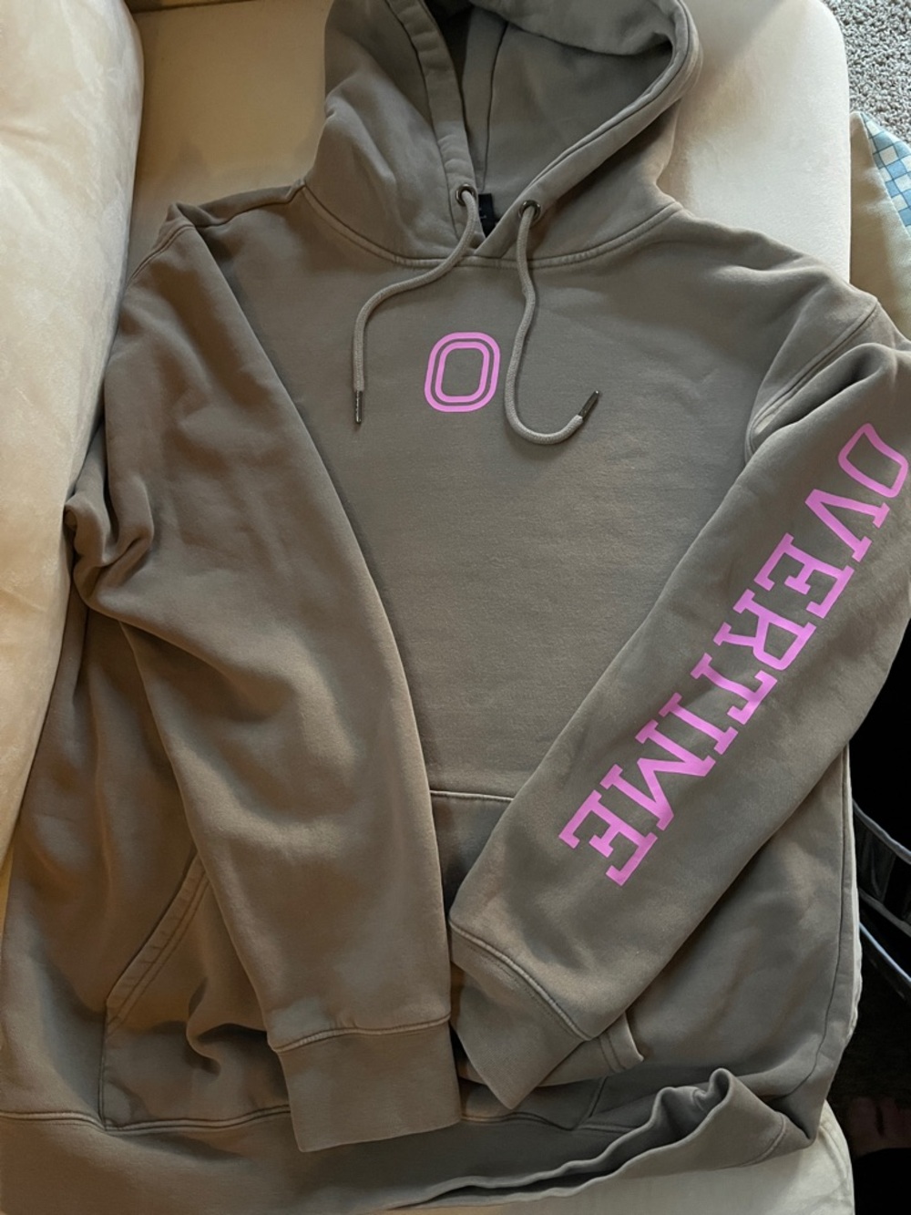 Overtime Men's Light Brown Hoodie with Pink Logo and Sleeve Print